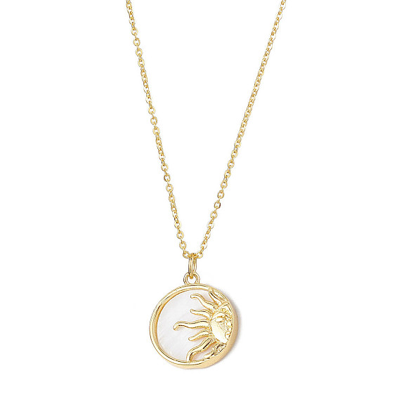 Natural Shell & Brass Pendant Necklaces, Golden Brass Cable Chain Necklaces