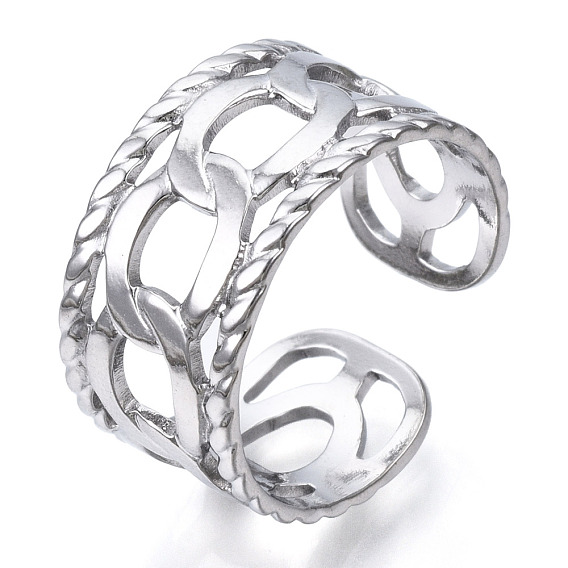 304 Stainless Steel Curb Chains Shape Open Cuff Ring, Hollow Chunky Ring for Women