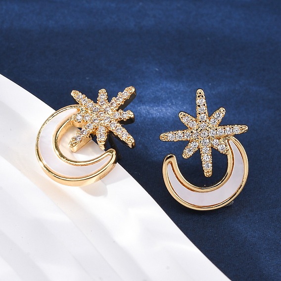 Серьги-гвоздики со звездой и луной из латуни с микропаве из прозрачных кубических цирконий, с уха орехов, с оболочкой, без кадмия и без свинца, стойки покрытие, долговечный