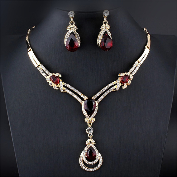 Комплекты из ожерелий со стразами и серег-гвоздиков в форме капли для женщин