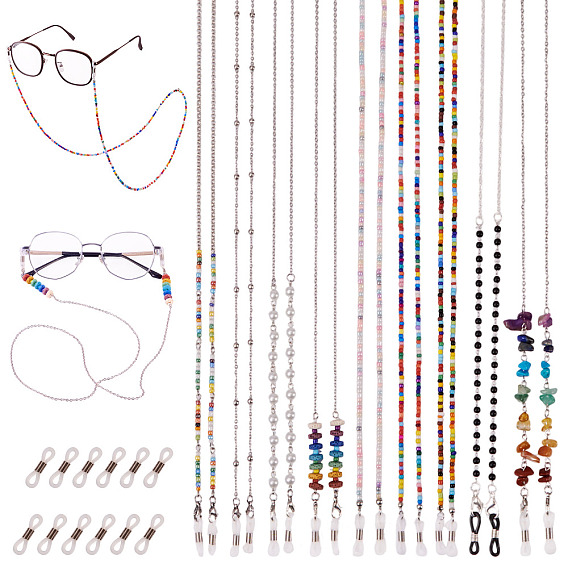 9 ПК 9 стили цепочки для очков, шейный ремешок для очков, со стеклянными бисеринами, резиновые петли и латунные выводы