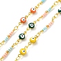 Evil Eyes Brass Ename Link Chains, with Glass Beads, Real 18K Gold Plated, Soldered, with Spools, Long-Lasting Plated