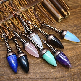 Natural & Synthetic Gemstone Dowsing Pendulum Big Pendants, Undyed, with Platinum Plated Metal Findings, Cone Charm