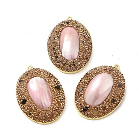 Brass Pave Rhinestone Pendants, Oval Charms with Natural Shell, Long-Lasting Plated