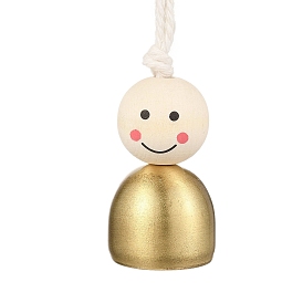 Brass Bell Hanging Ornaments, Wood Round with Smiling Face Bead and Cotton Cord for Home Door Wall Decoration