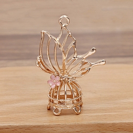 Hollowe Alloy Enamel Chandelier Componement Links, Bird Cage Shape with Butterfly, Light Gold