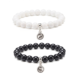 2Pcs 2 Color Natural Mashan Jade Round Beaded Stretch Bracelets Set with Alloy Yin Yang Charms, Gemstone Jewelry for Women, White and Black