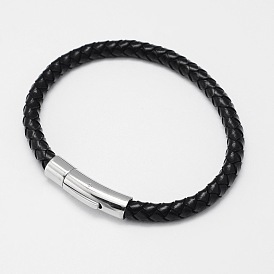 Bracelets cordon cuir tressé, avec 304 fermoirs à baïonnette en acier inoxydable, 210x6mm