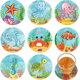 DIY Marine Animal Theme Diamond Painting Round Wood Cup Mat Kits, Including Coster Holder, Resin Rhinestones, Diamond Sticky Pen, Tray Plate and Glue Clay
