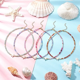 5Pcs 5 Colors Summer Beach Natural Amethyst & Green Aventurine & Dyed Agate Round Beaded Necklaces, Synthetic Turquoise Starfish Necklaces, Golden