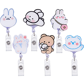 6Pcs 6 Styles Acrylic Badge Reel, Retractable Badge Holder, Animal Theme, Platinum
