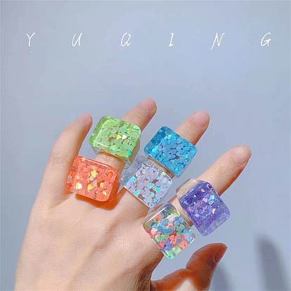 Кольца из смолы для женщин, прямоугольные, с пластиковыми блестка бисером