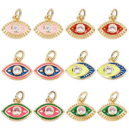 12 pcs 6 estilo latón micro pavé dijes de circonita cúbica transparentes, con esmalte y aros de salto, ojo, real 18 k chapado en oro