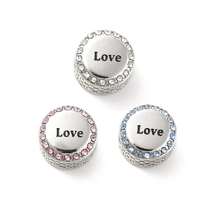 304 Stainless Steel European Beads, with Enamel & Rhinestone, Large Hole Beads, Stainless Steel Color, Flat Round with Word Love