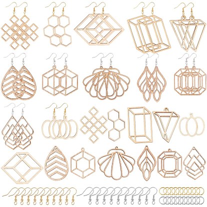Kits de fabrication de boucles d'oreilles creuses en bois de peuplier naturel à faire soi-même, y compris 12 styles grands pendentifs, crochets en laiton et anneaux en fer
