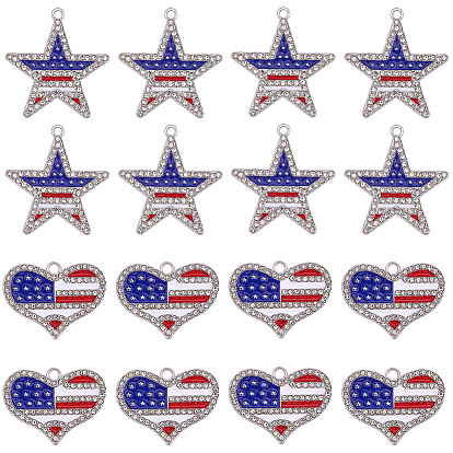 20Pcs 2 Styles Independence Day Alloy Enamel Pendants, with Rhinestone, Platinum