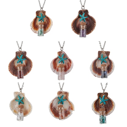 8 шт. 8 стили ожерелья с подвесками в виде морских звезд из натуральной ракушки и окрашенной синтетической бирюзы, бутылка желаний с разноцветными камнями внутри подвески ожерелья, с 304 цепями из нержавеющей стали