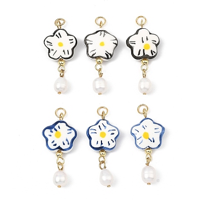 Подвески ручной работы из фарфора и нержавеющей стали, , с натуральным культивированным пресноводным жемчугом, с целью перехода в кольце, золотые