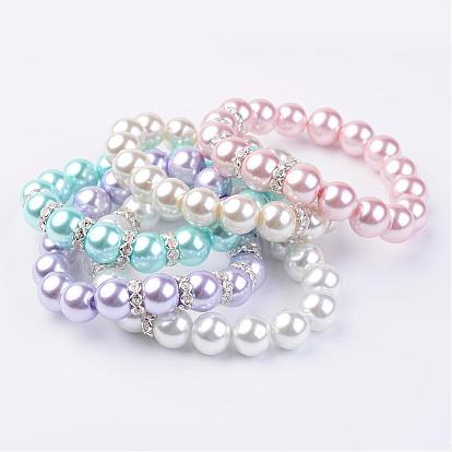 Glass Pearl Stretch Bracelets, with Brass Rhinestone Spacer Beads, Silver Color Plated