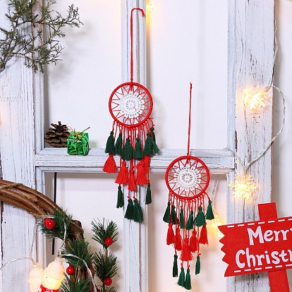 Christmas Handmade Cotton Macrame Wall Hanging Decor, for Home Bedroom Living Room Ornament, Woven Web/Net with Feather