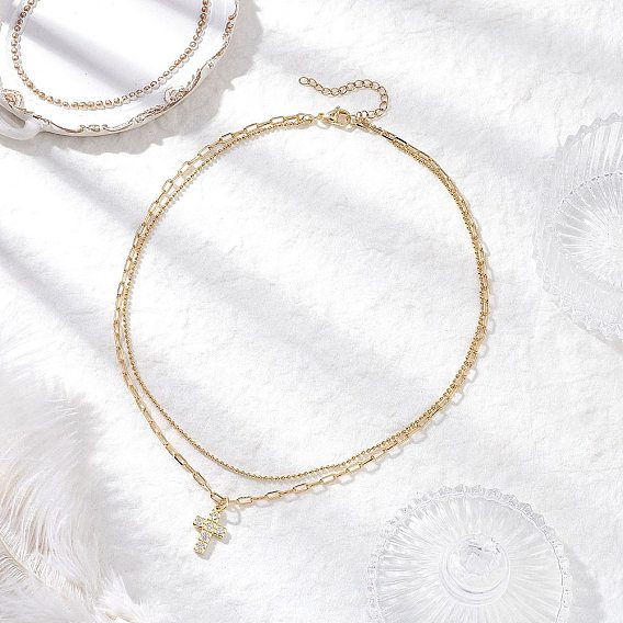 Ожерелья-крестики из латуни с прозрачным фианитом и прозрачным фианитом, латунная цепочка-скрепка и 304 двухслойные цепочки из шариков из нержавеющей стали для женщин