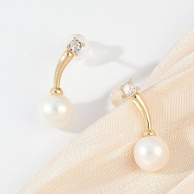 Круглые латунные серьги-гвоздики с прозрачным кубическим цирконием, с имитацией жемчуга