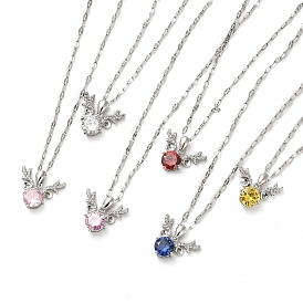 Deer Platinum Brass Micro Pave Cubic Zirconia Pendant Necklaces, with Glass