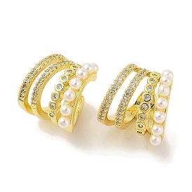 Brass Micro Pave Clear Cubic Zirconia Cuff Earrings, with ABC Imitation Pearl Beads for Women