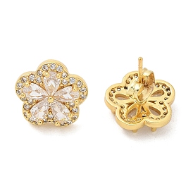 Rack Plating Brass Micro Pave Clear Cubic Zirconia Stud Earrings, Long-Lasting Plated, Lead Free & Cadmium Free, Flower