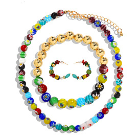 Collier de perles en résine serti d'une chaîne de clavicule en pierre, bracelet et boucles d'oreilles pour le style des vacances