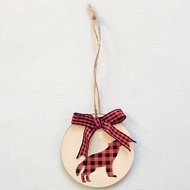 Wooden Flat Round with Wolf Pendant Decorations, with Cotton Bowknot, for Christmas Tree Party Hanging Ornaments