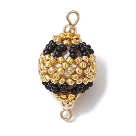 Seed Beads Loom Round Connector Charms, with Brass Double Loops, Gold & Black