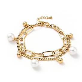 Plastic Pearl and Round Ball Charm Multi-strand Bracelet, Vacuum Plating 304 Stainless Steel Double Layered Chains Bracelet for Women