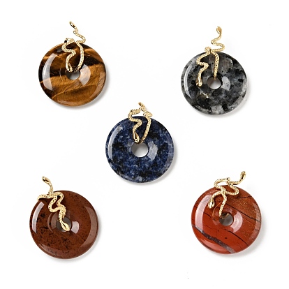 Natural Gemstone Pendants, with Ion Plating(IP) Golden Tone 304 Stainless Steel Findings, Snake with Donut/Pi Disc Charm