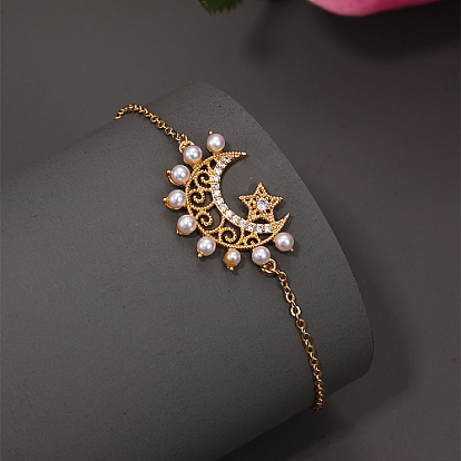 Brass Micro Pave Cubic Zirconia Link Bracelets for Women, with Imitation Pearls, Moon & Star