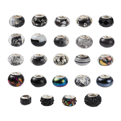 48Pcs 24 Style Large Hole Acrylic & Polymer Clay Rhinestone & Glass & Resin European Beads, with Plated Brass Double Cores, Rondelle