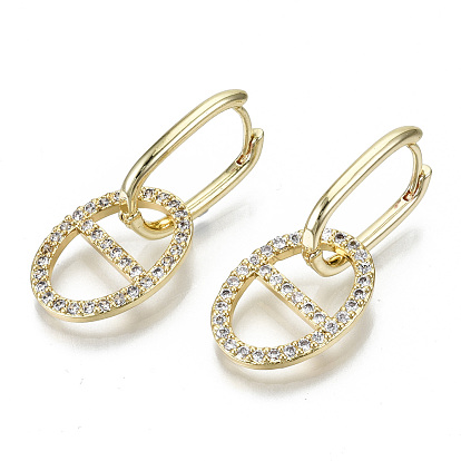 Brass Micro Pave Clear Cubic Zirconia Huggie Hoop Earring, Oval