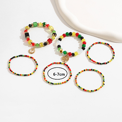 6Pcs 6 Style Stackable Bracelet Sets, Plasitc Stretch Beaded Bracelet with Alloy Heart Tree of Life Anchor, for Women