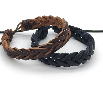 Handmade Coffee and Black Leather Bracelet - Unique Woven Cowhide Design