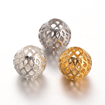Hollow Round Brass Filigree Beads, Filigree Ball, 10x9mm, Hole: 4.5mm