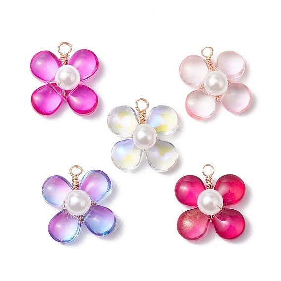 Подвески из стекла, обернутые медной проволокой, цветок, с пластиковой имитационной жемчужиной