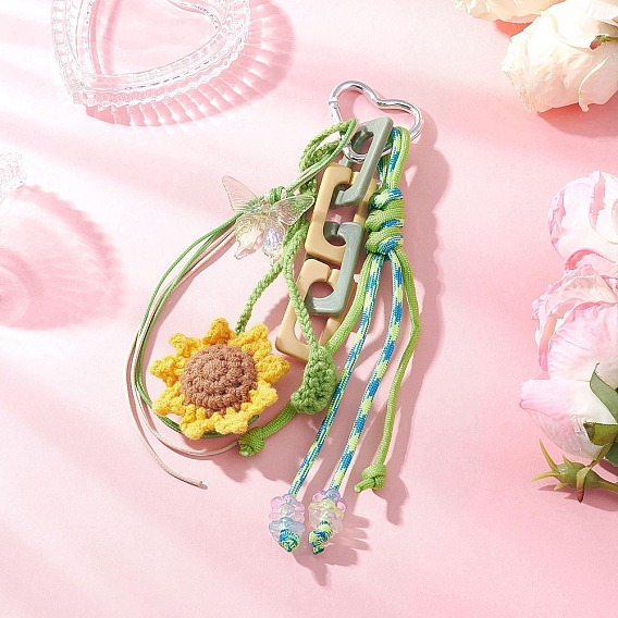 Подвесные украшения в виде цветов из шерстяной пряжи ручной работы, с вощеным полиэстеровым шнуром и акриловой цепочкой, Алюминиевые застежки в форме сердца для украшений сумок
