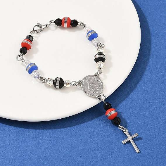 201 из нержавеющей стали крест шарм браслеты, браслеты из стеклянных и пластиковых бусин для женщин, крестик, с 304 застежкой из нержавеющей стали, ионное покрытие (ip)