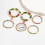 6Pcs 6 Style Stackable Bracelet Sets, Plasitc Stretch Beaded Bracelet with Alloy Heart Tree of Life Anchor, for Women