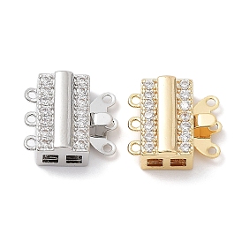 Brass Micro Pave Clear Cubic Zirconia Box Clasps, 3-Strand, 6-Hole, Rectangle