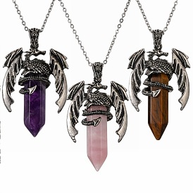 Dragon Copper Pendant with Natural Crystal Stone on Stainless Steel Necklace (White K Plating)