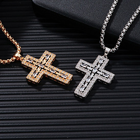 Brass Crystal Rhinestone Shiny Cross Pendant Box Chain Necklaces