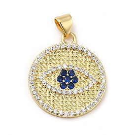Brass Micro Pave Cubic Zirconia Pendants, Long-Lasting Plated, Real 18K Gold Plated, Flat Round with Eye