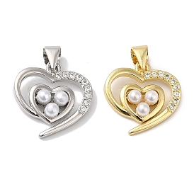 Rack Plating Brass Glass Imitation Pearl Pendants, with Cubic Zirconia, Long-Lasting Plated, Lead Free & Cadmium Free, Heart