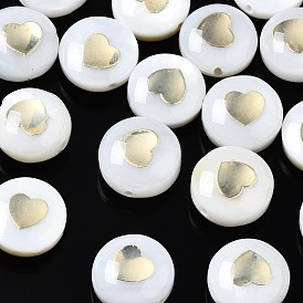 Perles de coquille d'eau douce, métal doré enlaça, plat et circulaire avec coeur